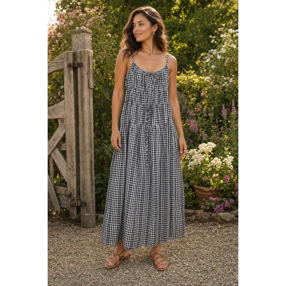 Sim & Sam Gingham Plaid Maxi Dress Women's M Tiered Pockets Cottagecore Milkmaid